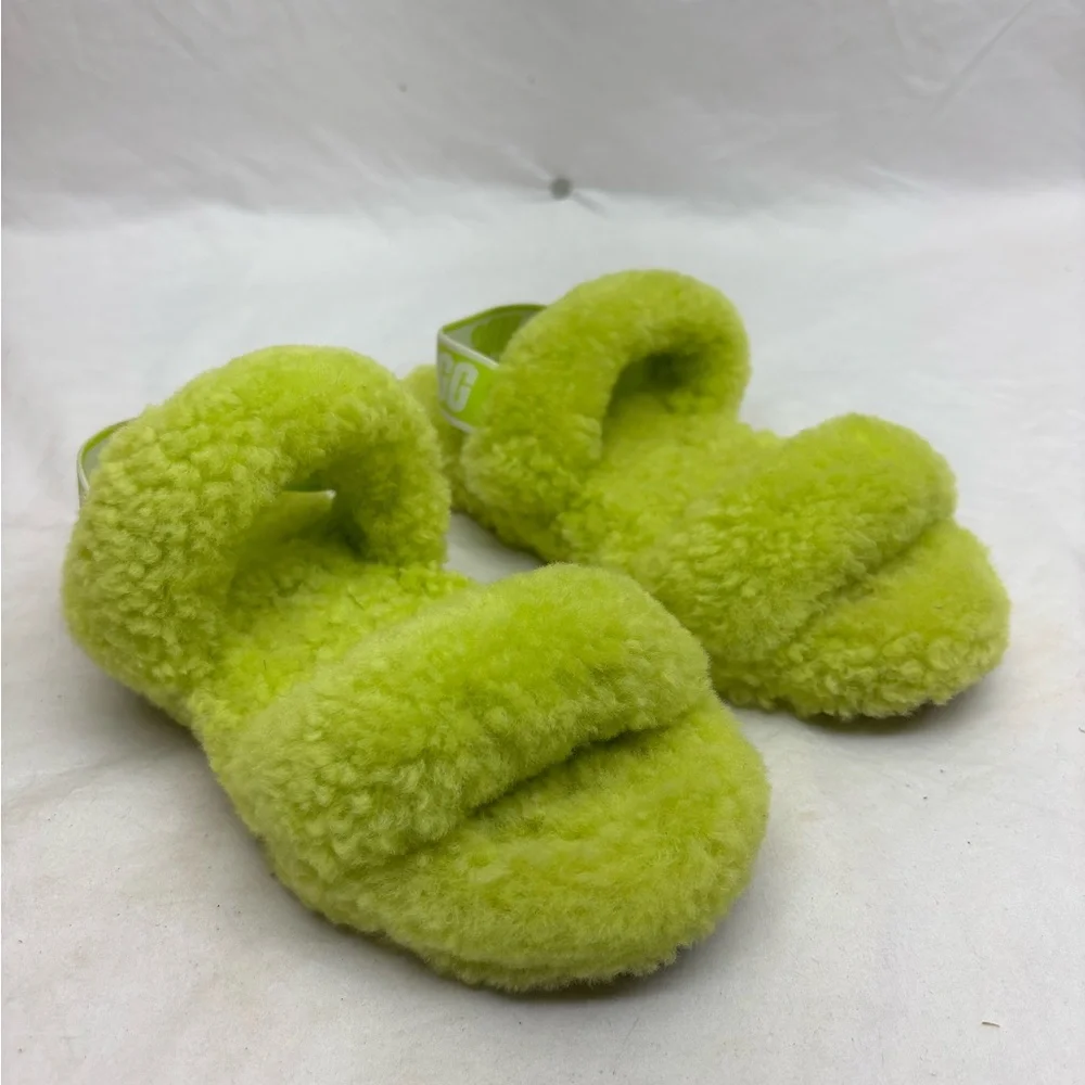 Ugg Kids Fuzzy Slide Sandals in Neon Lime - Plush Comfort